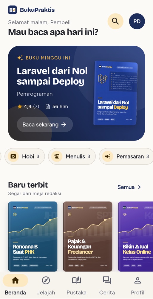 Beranda aplikasi BukuPraktis tampilan terang